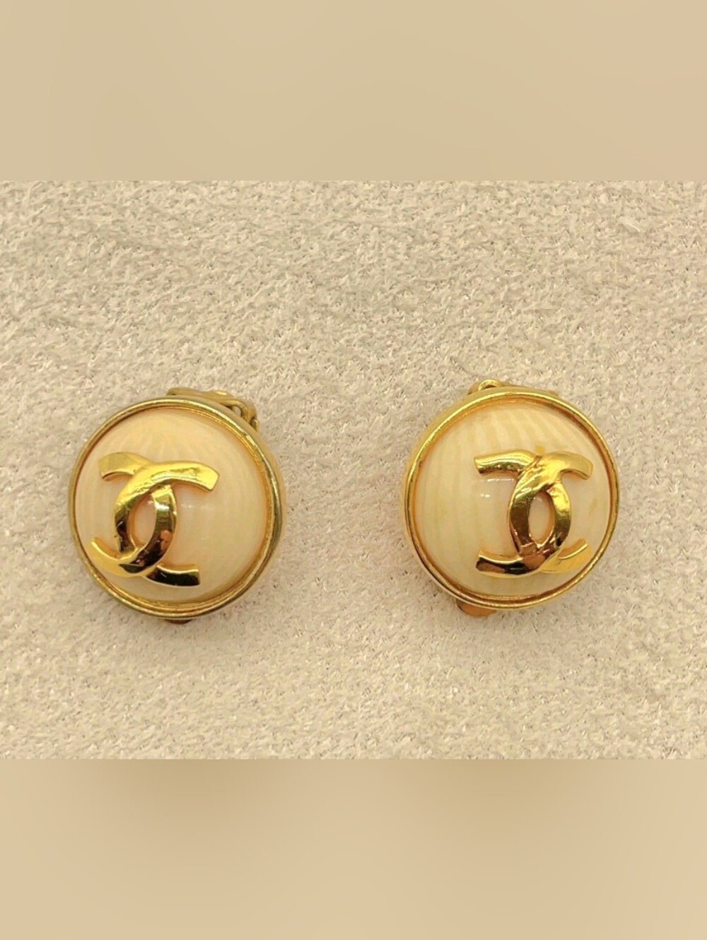 CHANEL Gold and Cream CC Round Clip-On Earrings